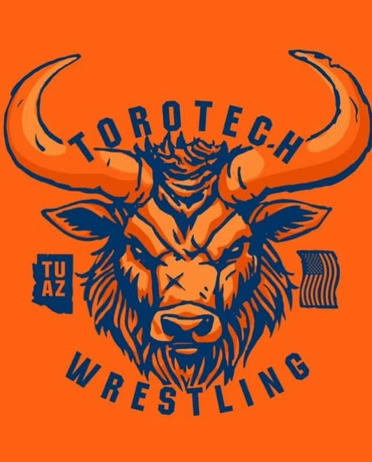 orange and blue torotech bullhead with wrestling under the head an american flag and tuc AZ on a state of az